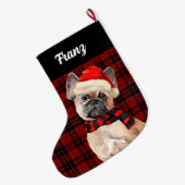 Grande Chaussette De Noël Frenchie Bulldog and Red Plaid with Dog's Name (Dos (Accrochage))