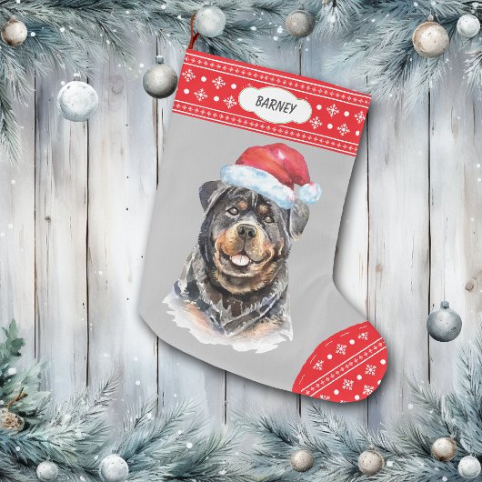 Grande Chaussette De Noël Frontière de Snowflake de Santa Hat Rottweiler