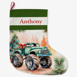 Grande Chaussette De Noël Garçons de camions Green Monster