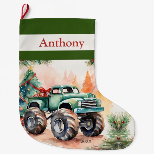 Grande Chaussette De Noël Garçons de camions Green Monster (Devant)