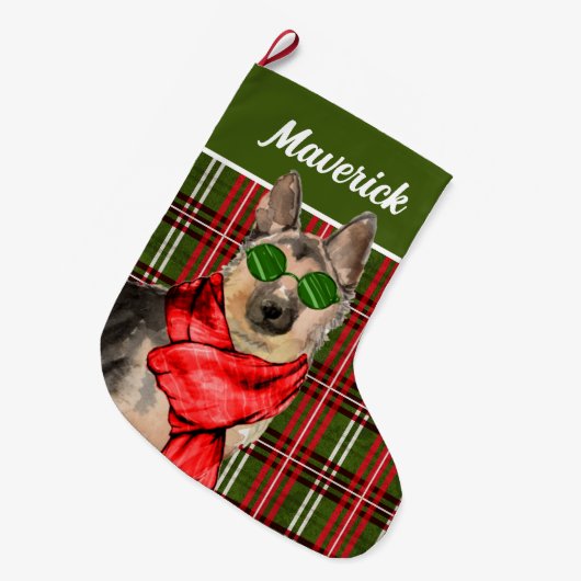 Grande Chaussette De Noël German Shepherd and Plaid with Dog's (Devant (Accrochage))