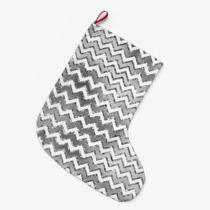 Grande Chaussette De Noël Glam Silver White Zigzag Stripes