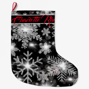 Grande Chaussette De Noël Glittery argent fêtes de neige motif