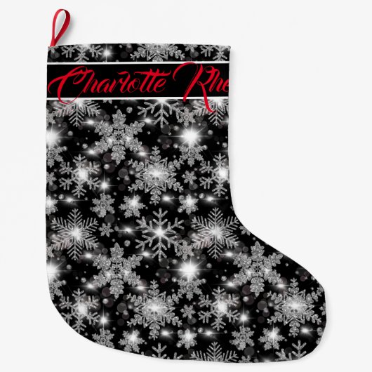 Grande Chaussette De Noël Glittery argent fêtes de neige motif (Devant)