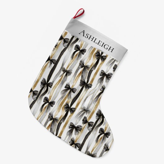 Grande Chaussette De Noël Glitzy Gold Silver Black Ribbons Bows Christmas (Devant (Accrochage))
