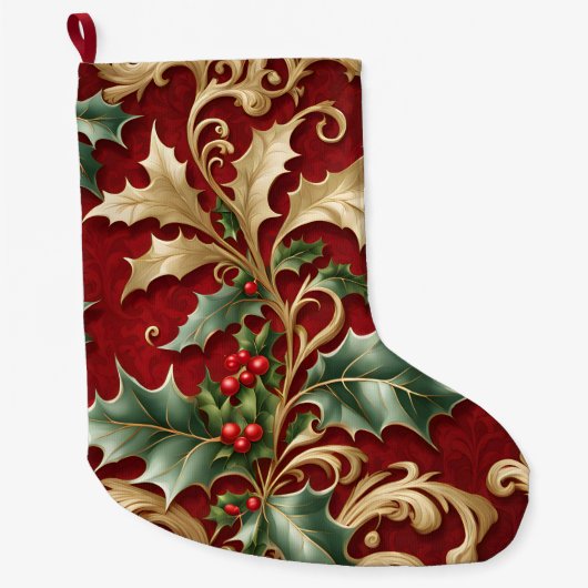 Grande Chaussette De Noël Gold Green Feuille Red Christmas Holiday Stocking (Devant)