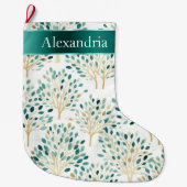 Grande Chaussette De Noël Gold Green White Whimsical Trees Nom de Noël (Devant)
