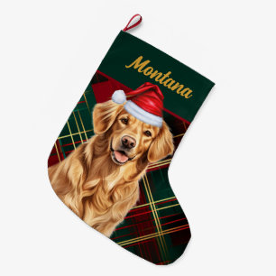 Grande Chaussette De Noël Golden Retriever Holiday Plaid and Dogs Nom