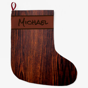 Grande Chaussette De Noël Graine de bois foncé en acajou   motif en bois bru