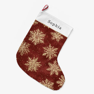 Grande Chaussette De Noël Grands flocons de neige rouges dorés Noël