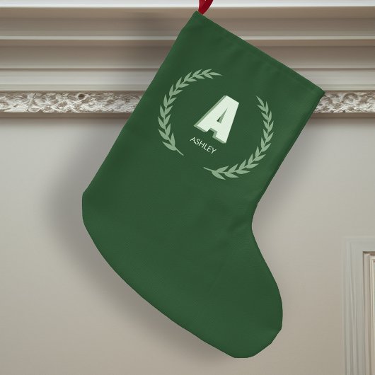 Grande Chaussette De Noël Green Laurel Wreath Letter A Monogram