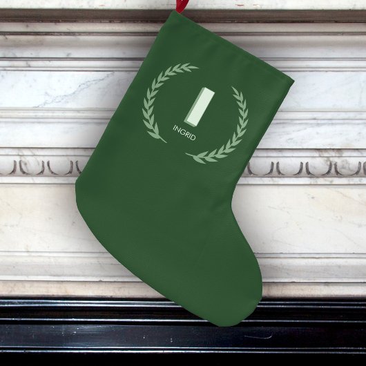 Grande Chaussette De Noël Green Laurel Wreath Letter I Monogram