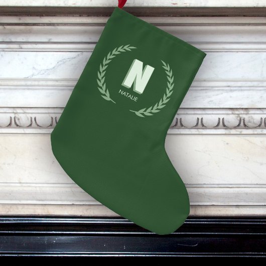 Grande Chaussette De Noël Green Laurel Wreath Letter N Monogram