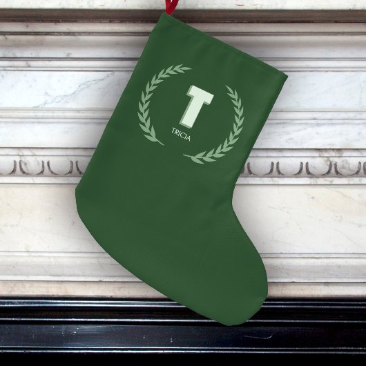 Grande Chaussette De Noël Green Laurel Wreath Letter T Monogram