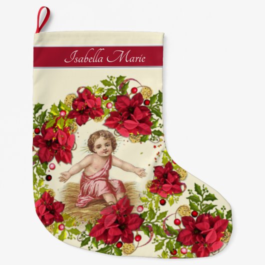 Grande Chaussette De Noël Guirlande de Jésus Pointsettia de bébé de Noël (Devant)