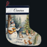 Grande Chaussette De Noël Guitare Snowman Custom<br><div class="desc">Apportez votre joie de vacances à votre maison avec notre Snowman Guitar Large Christmas Stocking! Idéal pour les cadeaux et les gourmandises, c’est un joli complément à vos festivités. Customisez avec ce nom spécial et l'année pour un gardien merveilleux! Des designs exclusifs créés pour vous par My Baby Boutique !...</div>