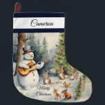 Grande Chaussette De Noël Guitare Snowman Custom<br><div class="desc">Apportez votre joie de vacances à votre maison avec notre Snowman Guitar Large Christmas Stocking! Idéal pour les cadeaux et les gourmandises, c’est un joli complément à vos festivités. Customisez avec ce nom spécial et l'année pour un gardien merveilleux! Des designs exclusifs créés pour vous par My Baby Boutique !...</div>