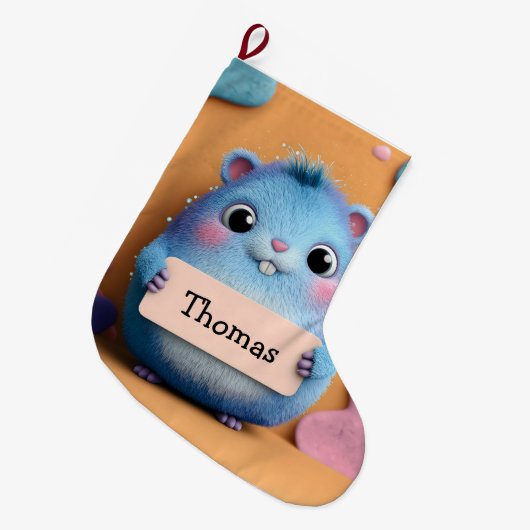 Grande Chaussette De Noël Hamster bleu bouffant tenant un signe avec nom (Devant (Accrochage))
