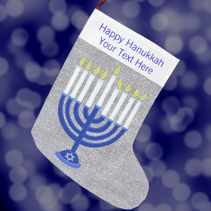 Grande Chaussette De Noël Hanoukka Dark Blue Menorah Silver Chrismukkah