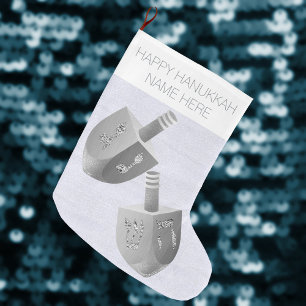 Grande Chaussette De Noël Hanoukka Dreidel Faux Silver Sparkle Chrismukkah