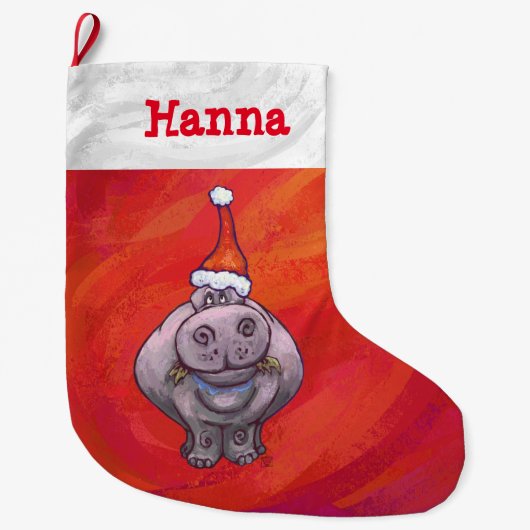 Grande Chaussette De Noël Hippo mignon à Santa Hat en rouge (Devant)