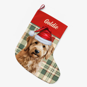 Grande Chaussette De Noël Holiday Goldendoodle Plaid avec le nom du chien
