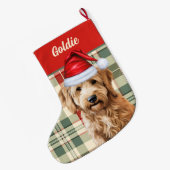 Grande Chaussette De Noël Holiday Goldendoodle Plaid avec le nom du chien (Dos (Accrochage))