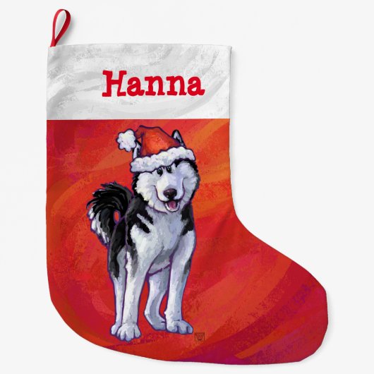 Grande Chaussette De Noël Husky à Santa Hat Sur Rouge (Devant)