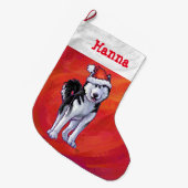 Grande Chaussette De Noël Husky à Santa Hat Sur Rouge (Devant (Accrochage))