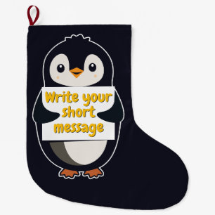 Grande Chaussette De Noël Illustration de manchot tenant un panneau personna