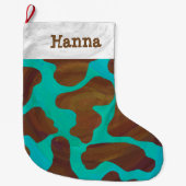 Grande Chaussette De Noël Impression Brown et Turquoise de vache (Devant)