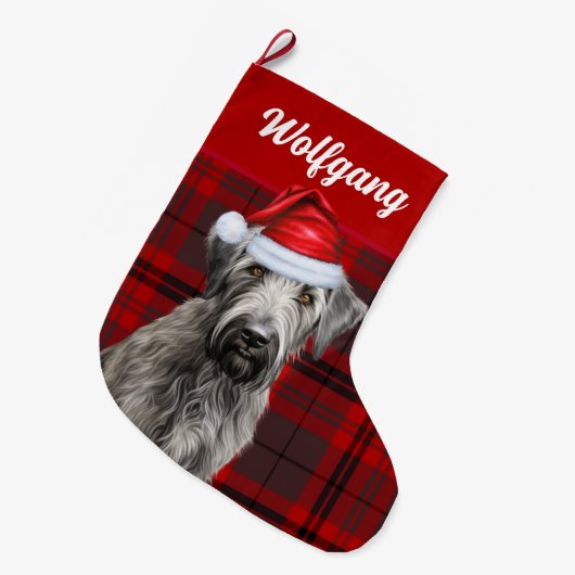 Grande Chaussette De Noël Irish Wolfhound Dog Red Holiday Plaid Personalized (Devant (Accrochage))