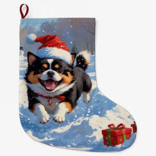 Grande Chaussette De Noël Japanese Chin courant dans la neige avec un chapea