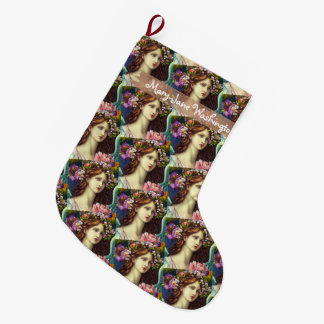 Grande Chaussette De Noël Jeune dame aux cheveux bruns ondulés fleurs Croyan