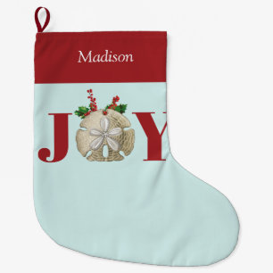 Grande Chaussette De Noël Joie Noël Sable Dollar Holly Berries Côte