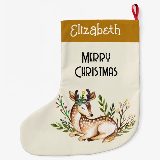 Grande Chaussette De Noël Joli Cerf Aquarellé Posé En Bas Boho (Dos)