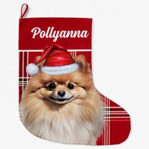 Grande Chaussette De Noël Joli chien Pomeranian carreaux rouges et blancs pe