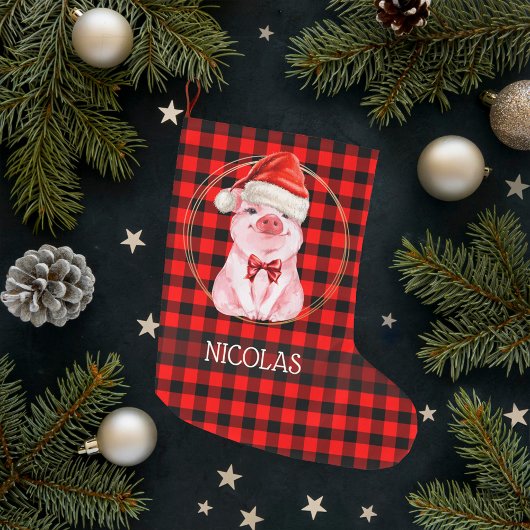 Grande Chaussette De Noël Joli Cochon De Noël Avec Buffalo Plaid Rouge Drôle