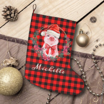 Joli Cochon De Noël Avec Buffle Plaid Rouge Rustiq