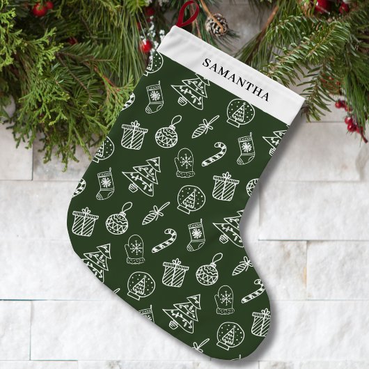 Grande Chaussette De Noël Joli Doodle Vert Blanc