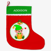 Grande Chaussette De Noël Joli Elf et cloches de Noël en rouge (Devant)