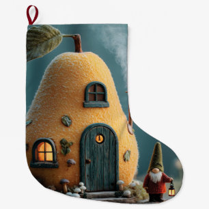 Grande Chaussette De Noël Joli gnome debout près d'une maisonnette de fée en