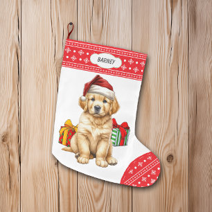 Grande Chaussette De Noël Joli Golden Retriever Puppy Santa Hat Snowflake