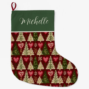 Grande Chaussette De Noël Joli motif d'arbres de Noël au tricot sur mesure