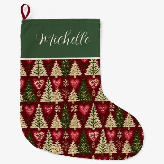 Grande Chaussette De Noël Joli motif d'arbres de Noël au tricot sur mesure (Devant)