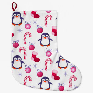 Grande Chaussette De Noël Joli Motif de Noël rose et blanc avec des pingouin
