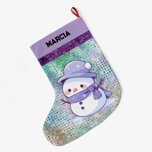 Grande Chaussette De Noël Joli Noël Snowman Pastel Purple