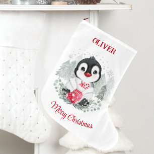 Grande Chaussette De Noël Joli Noël Stocker Penguin Nom des enfants