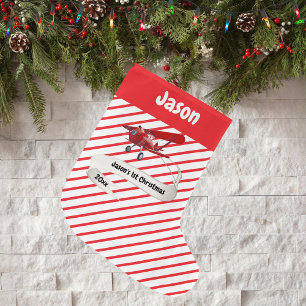 Grande Chaussette De Noël Joli Père Noël & Avion, Premier Noël, Personnalisé