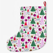 Grande Chaussette De Noël Joli Père Noël et arbres de Noël Motif aquarelle (Dos)